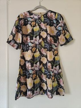 Floral A-Line Short Sleeve Dress in Black & Pastel Florals